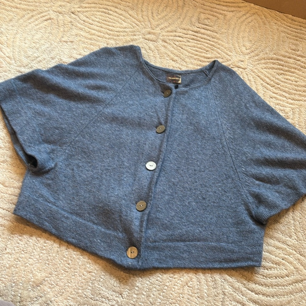 TARNISH O/S Blue Heather Wool Cardigan Button Up Shrug Poncho